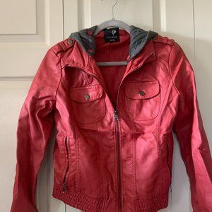 L Red Faux Leather Hooded Coat